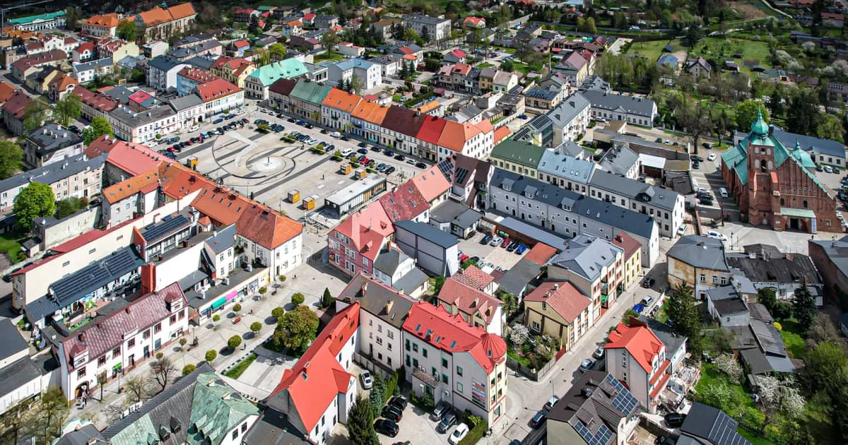 Panorama centrum Sieradza z lotu ptaka
